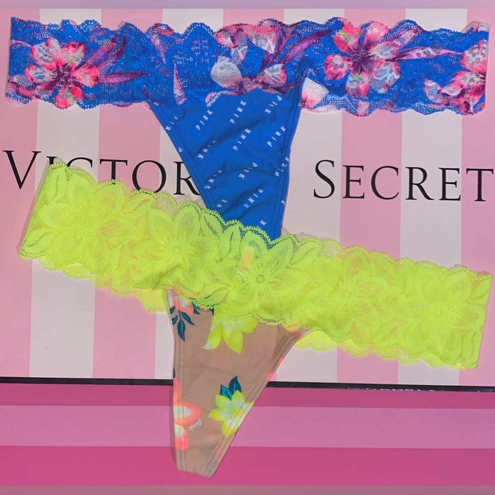 2 Victoria’s Secret PINK Thong Panties PINK lace panties bundle pink neon floral